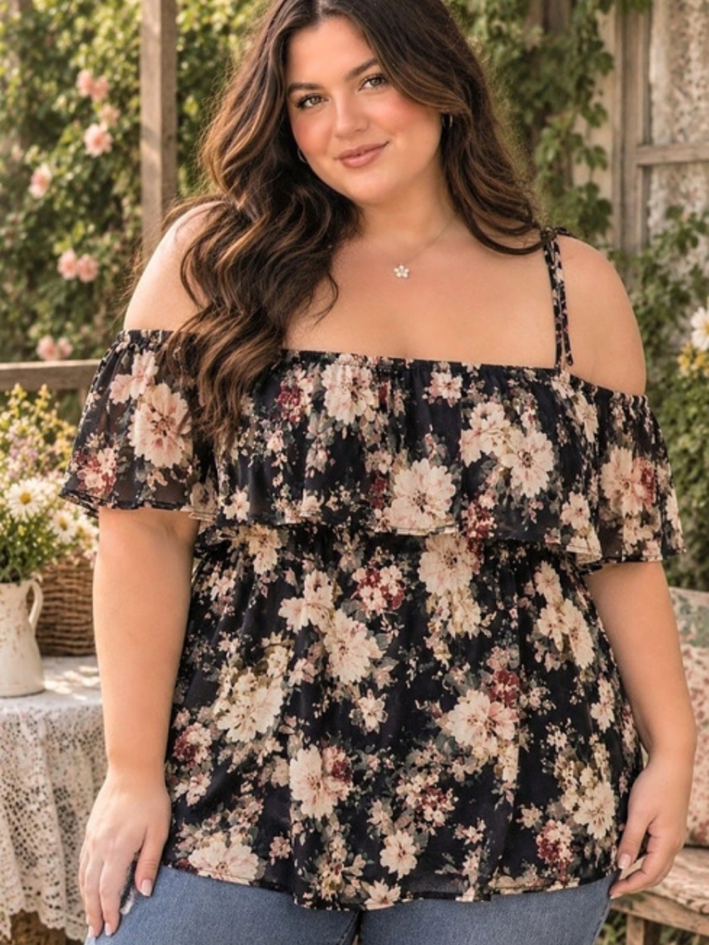 Silently  2X Floral Off Shoulder Peasant Blouse Blue Pink Cottagecore Boho